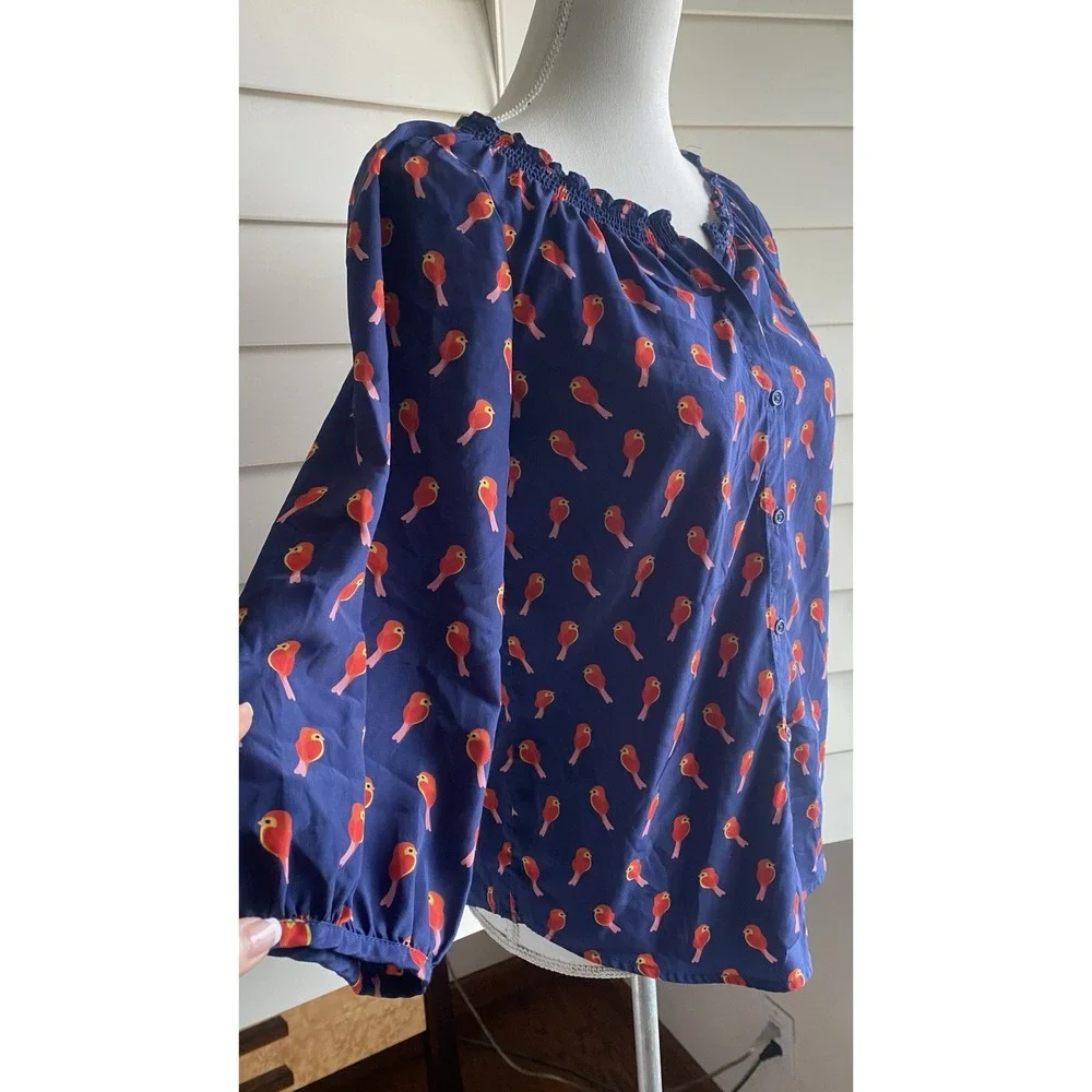 Old Navy Bird Print Button Up Top Women XS Blue Red AOP birdies 3/4 Puff Sleeves